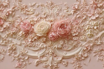 Fototapeta premium Intricate three dimensional plaster molding features detailed carved flowers and swirling baroque ornamentation in soft pastel tones