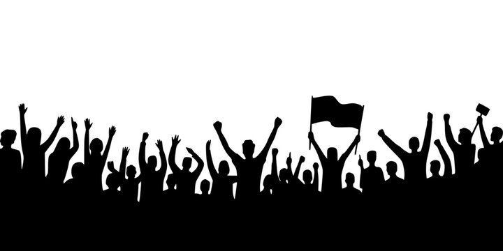 Energetic black silhouette of a large crowd with arms raised in celebration. Perfect for representing concerts, sporting events, or festive public gatherings.