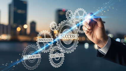 Business Success Gears Innovation Teamwork Execution Strategy.