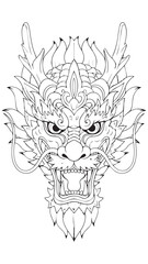 Fototapeta premium Intricate line drawing of a ferocious dragon head with ornate scales and fierce expression.
