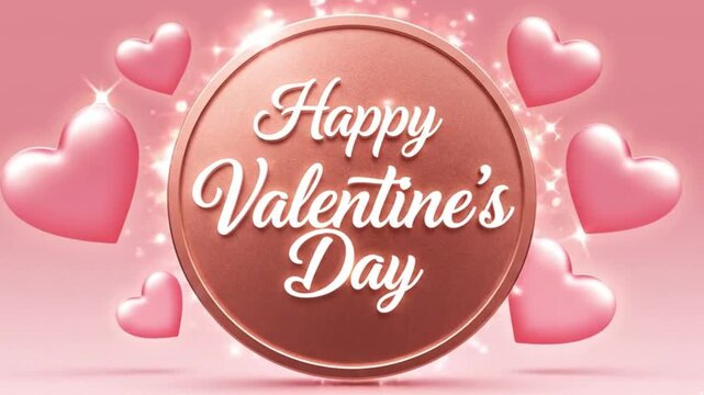 Happy valentines day greeting with pink hearts on rose gold background