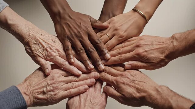 Diverse group of people stacking their hands together in a symbol of unity and teamwork on a beige background 4k video