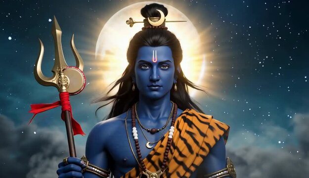 Lord Shiva Meditation Idol. Blue Golden Aura Spiritual 4K Wallpaper.