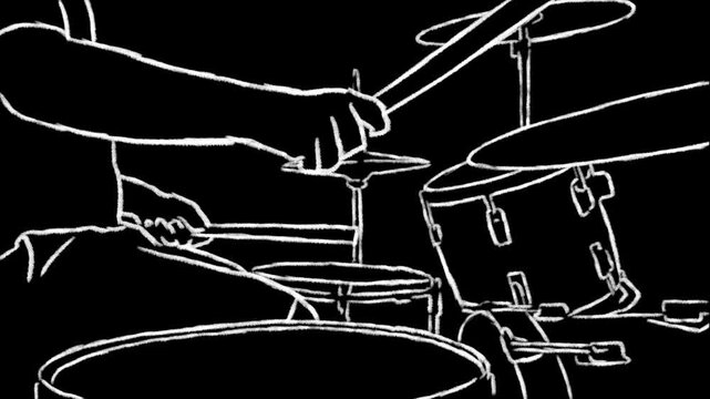 rotoscope animation of drummer playing beat on drum kit, right hand on ride. white scribble sketch doodle chalk line style on black background. landscape 16:9. looped. side view