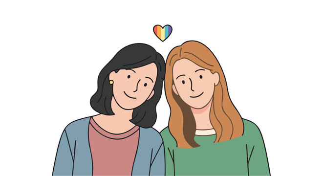 Two women sitting shoulder to shoulder with a rainbow colored heart between them queer valentine's day vector illustration