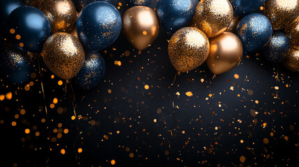 Gold and Blue Balloons and Golden Confettie on a Black Background. Luxury Festive Backdrop - design party banner	