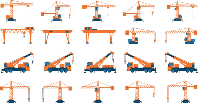 Industrial construction crane vector set featuring tower cranes, mobile truck cranes, and gantry cranes for heavy lifting, building projects, and engineering logistics.