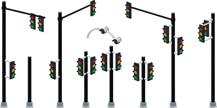 Traffic light and road signal vector set featuring 3D isometric street lamps, pedestrian crossings, highway signals, and urban transportation infrastructure elements.