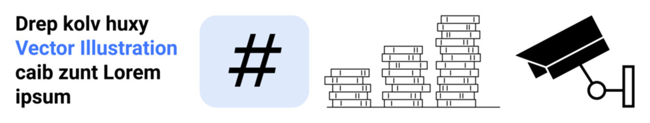 Obraz premium Blue metadata tag in a speech bubble, stacked coins symbolizing financial growth, angled security camera for monitoring. Ideal for analytics, security, social media, finance, technology, growth