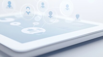 Fototapeta premium Close up view of a tablet featuring a cloud collaboration interface with user icons, emphasizing digital connectivity and teamwork in a sleek, modern workspace setting