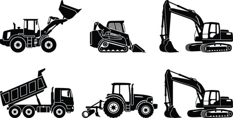 Construction machinery silhouettes set with excavators, loaders, dump trucks and tractors, heavy equipment icons, industrial vehicles, black vector illustration collection © Mason Murp Creations