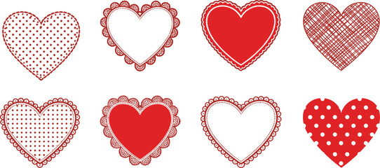 Decorative lace heart frames and textured polka dot hearts vector set, vintage romantic Valentine heart clipart, red outline patterns for craft ©  Alexander Creations