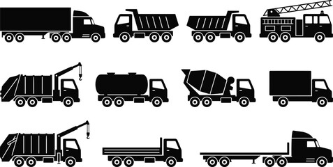 Industrial truck silhouettes set including dump trucks, fire engine, tanker, concrete mixer and flatbed, heavy transport vehicles, black vector icons, logistics illustration © Sophia Creatives