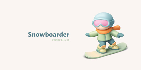 Obraz premium 3D snowboarder. Extreme winter sport, favorite outdoor activity. Minimalistic character on a snowboard. Modern banner. Vector illustration.