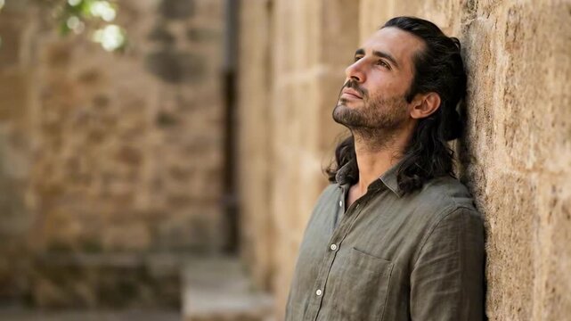 long black hair male. A thoughtful man stands against a rustic stone wall, dressed in a casual, loose-fitting shirt, with long dark hair, gazing into the distance