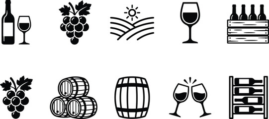 Naklejka premium Wine making icons set with grapes barrels bottles and glasses vector illustration, winery vineyard alcohol beverage symbols collection