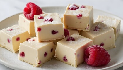 pieces of raspberry white chocolate fudge on a plate
