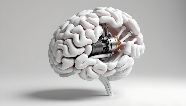 A surreal scene with an enormous brain model that appears to be exploding into space. This oversized brain is positioned near a table, and there's a small white robot standing next to it.
