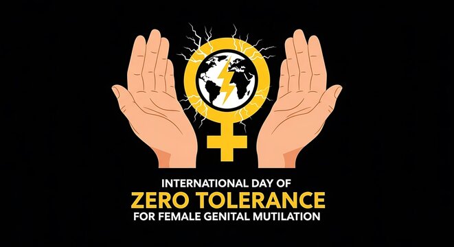 International day of zero tolerance for female genital mutilation awareness graphic showing hands protecting the female symbol globe.