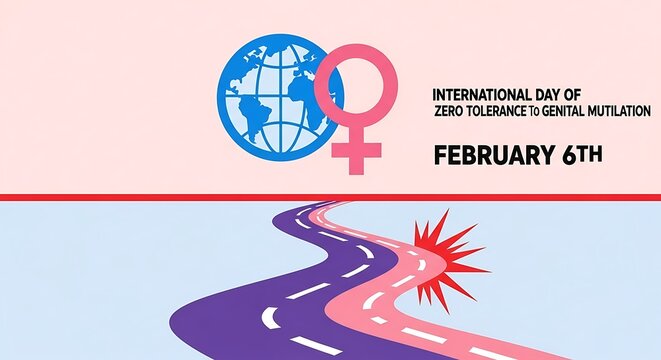 Graphic illustrating the international day of zero tolerance to female genital mutilation observed globally on February the sixth with symbolic imagery representing a difficult journey.