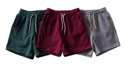 Three soft, casual drawstring shorts in green, red, and grey