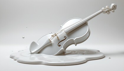 An artistic image featuring a white violin with strings extending outward, as if in motion