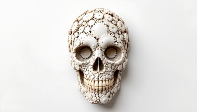 A decorative skull with intricate patterns that suggest it could be an elaborate craft or artistic piece rather than being human derived