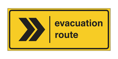 Obraz premium Yellow evacuation route sign with black chevron arrows pointing right, indicating an emergency exit path for safety.