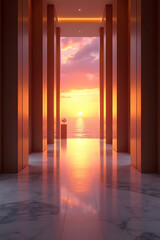 AI Generative. Modern Luxury Corridor Interior with Marble Floor and Ocean Sunset View through Large Window. 2
