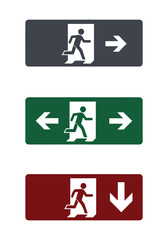Three distinct emergency exit signs with directional arrows on different colored backgrounds.