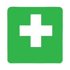 Fototapeta premium A simple white cross symbol centered on a vibrant green square with softly rounded corners, representing health, first aid, or a positive sign.