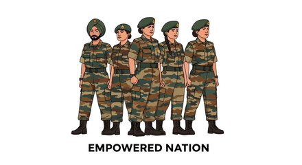 Illustration of Indian Army soldiers in camouflage uniforms standing together, representing the Armed forces on Republic Day with a bold graphic design.