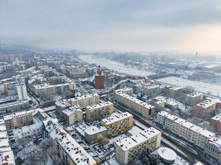 Obraz premium Aerial view of Gorzów Wielkopolski city center covered in snow. Winter season in Poland
