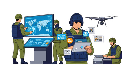 Illustration of Indian Army personnel operating military technology with a drone and map on a large screen in a strategic operations center.