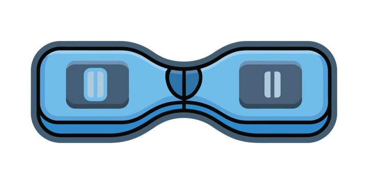 A top-down view of a light blue hoverboard with dark grey footpads featuring a white pause symbol, depicted in a simple, modern graphic style.