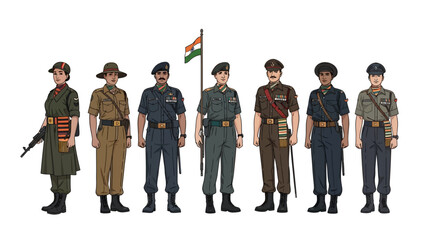 Illustration of seven Indian Army soldiers in various uniforms standing in a row with a flag, against a clean white background.
