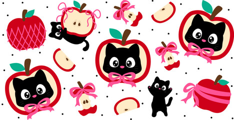 Cute black cat with apple slice seamless pattern background