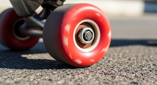 Close-up of a red skateboard wheel rolling on asphalt pavement.