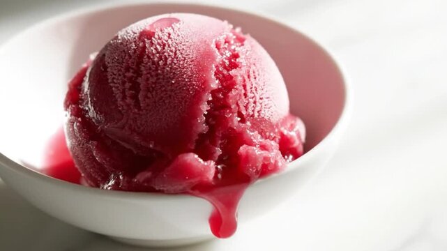 A single scoop of vibrant pink sorbet sits invitingly in a white bowl against a soft background
