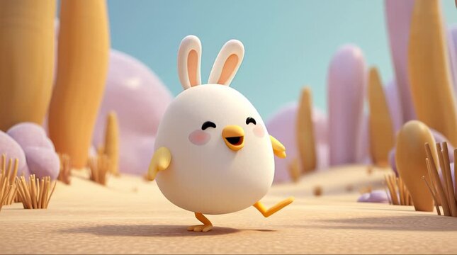 Adorable 3D Cartoon Chick with Bunny Ears Hops Happily in a Whimsical Landscape.