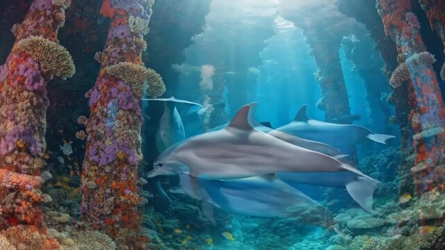 Dolphins Swimming Underwater Near Coral Reef.
