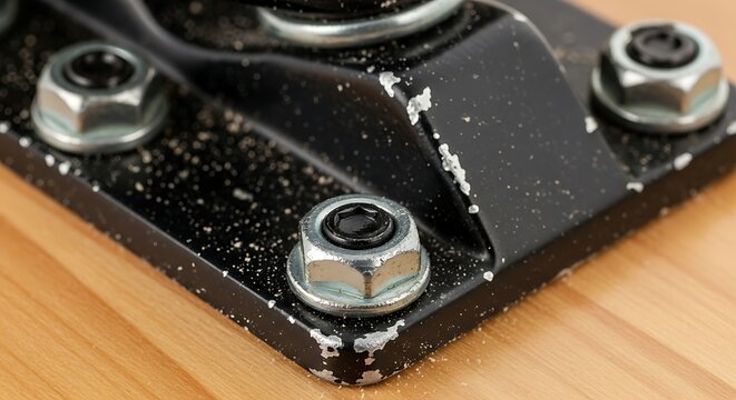 Close-up of a worn black skateboard truck with metal bolts on a wooden surface.