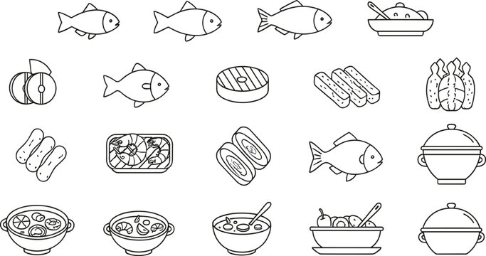 Seafood and Fish Cooking Outline Icon Set Showing Dishes, Ingredients, and Meals for Restaurant Menus, Recipes, and Food Design