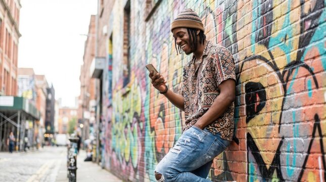 Stylish Black adult wearing a patterned shirt and beanie hat, looking at his smartphone while leaning casually on a colorful brick wall covered in graffiti art.