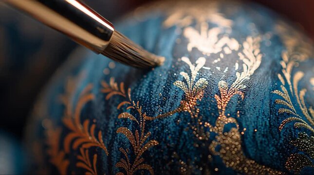 Close-up of a brush applying intricate gold patterns on a blue decorative surface, highlighting artistic detail and craftsmanship.