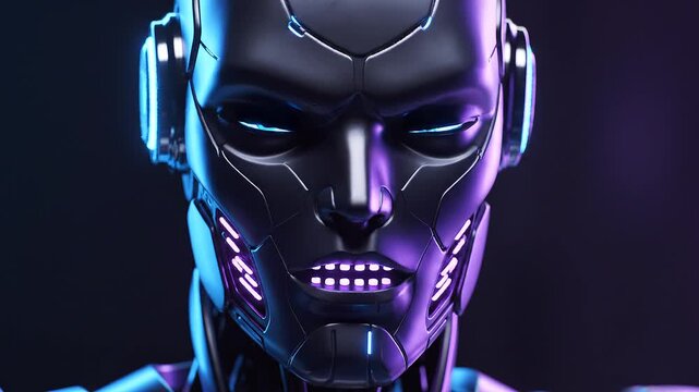 A close-up of a robot's face with glowing blue eyes, showcasing its metallic features against a dark background, used for technology or futuristic concepts
