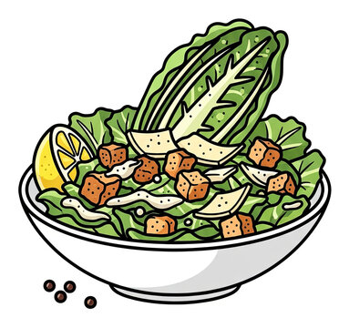 A cartoon Caesar salad, white bowl, with lettuce, croutons, cheese, and lemon