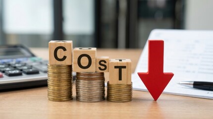 Wooden blocks spelling COST stacked on coin piles next to a prominent red arrow pointing downward, indicating decreasing expenses.