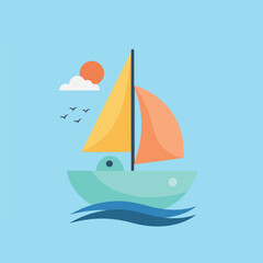 Fototapeta premium A minimalist vector illustration shows a colorful sailboat cruising on blue waves under a sky with a sun, cloud, and birds.