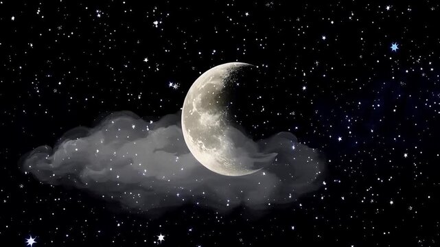 A serene nighttime scene of a crescent moon shining through a cloud amidst a starry sky, often used for design and astronomy purposes